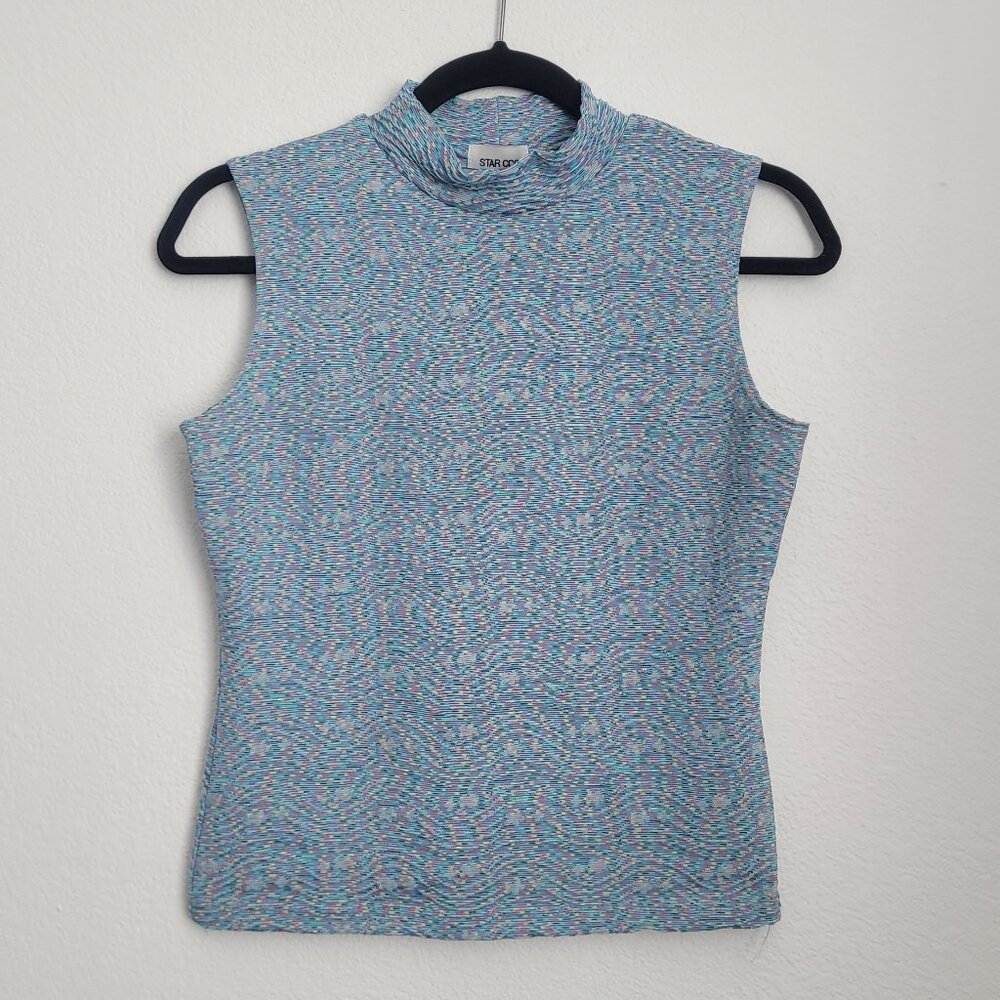 Vintage Rainbow Thin Knit Mock Neck Tank Top Size M Blue Preppy